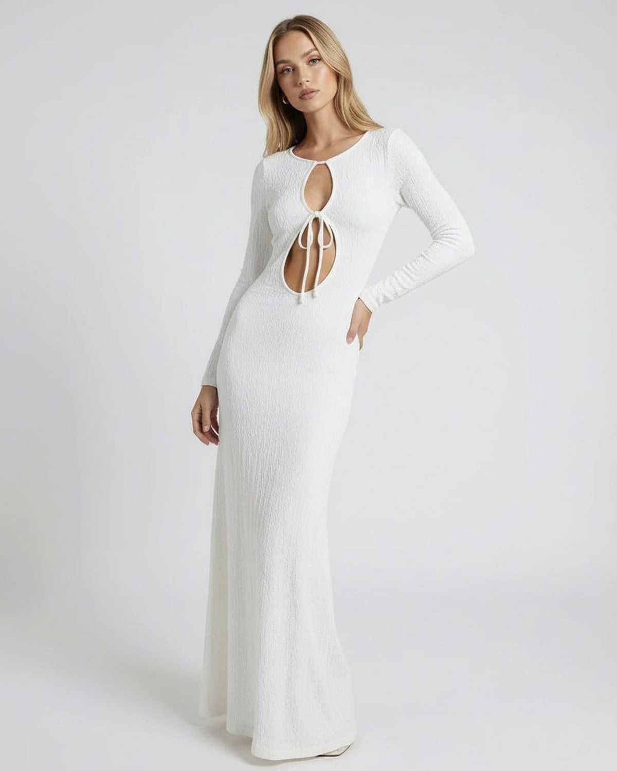 Serene Maxi Dress by Lauven – Elegant textured white cotton-polyester blend with hollow-out details.