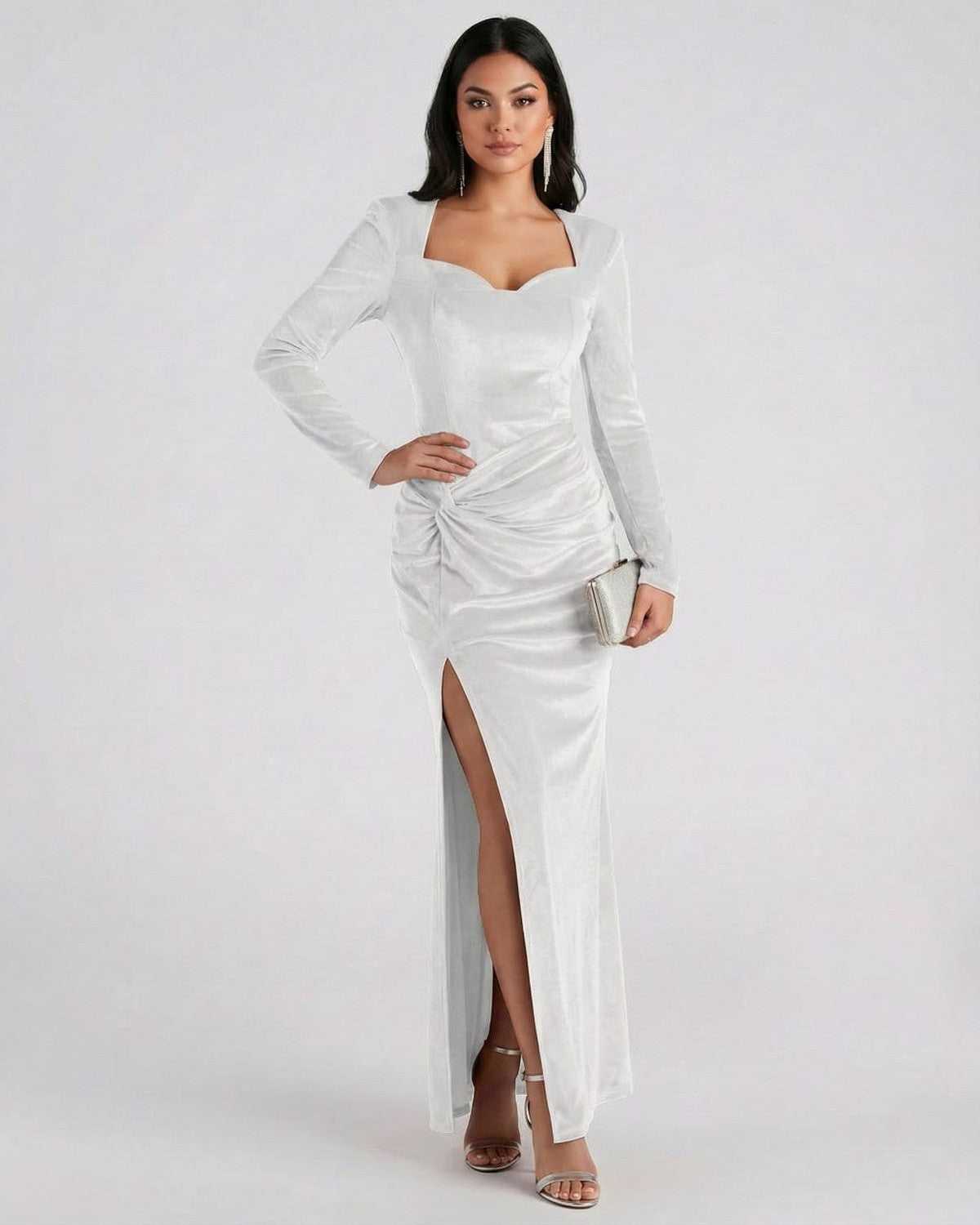 Serene Maxi Dress by Lauven - White Velvet Long Sleeve Dress with Slit and Square Neckline