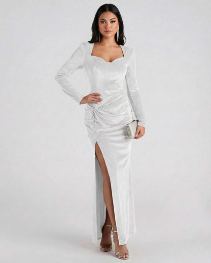 Serene Maxi Dress by Lauven - White Velvet Long Sleeve Dress with Slit and Square Neckline