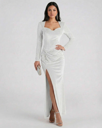 Serene Maxi Dress by Lauven - White Velvet Long Sleeve Square Neck Maxi Dress with Slit, elegant and stylish.