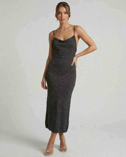 Serenelle Midi Dress by Lauven – Black Shimmer Spaghetti Strap Midi Dress with Elegant Slim Silhouette