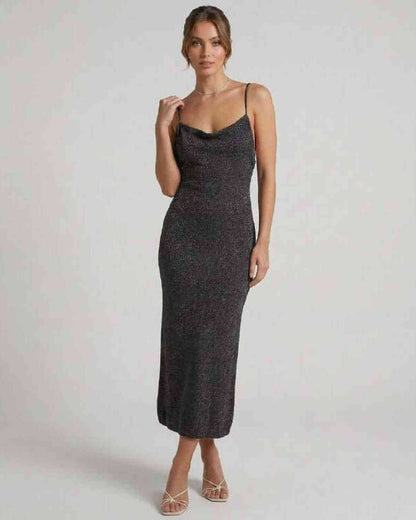 Serenelle Midi Dress – Black shimmer spaghetti strap midi dress by Lauven with elegant slim silhouette.