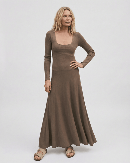 Siena Maxi Dress by Lauven, featuring long sleeves, square neck, and pleated skirt in a rich brown tone.