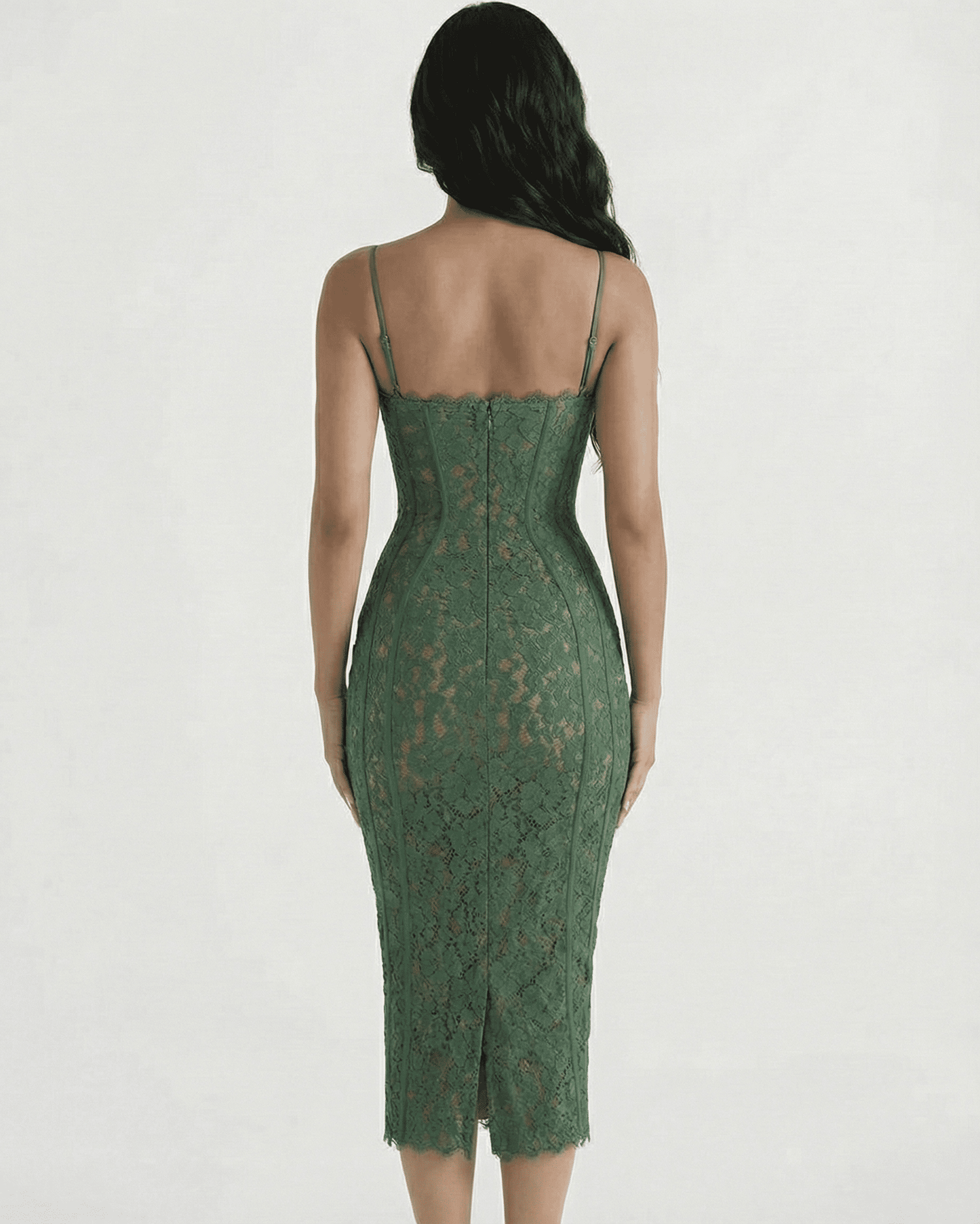 Siena Midi Dress by Lauven showcasing its elegant lace sheath design from the back view.