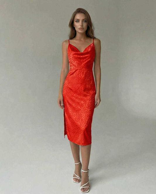 Siena Midi Dress by Lauven - Red Spaghetti Strap Split Midi Dress, perfect for evening and occasion wear.