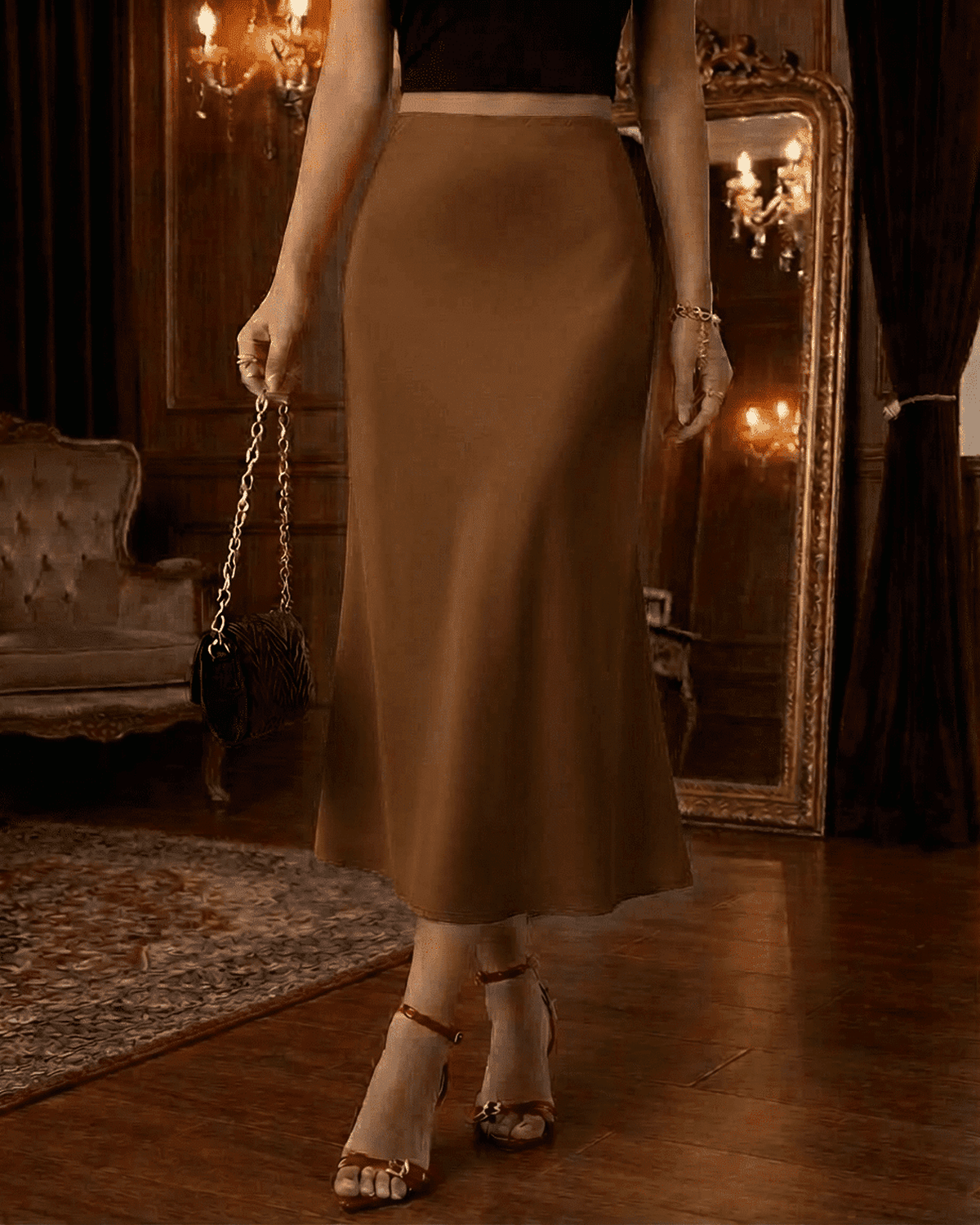 Siena Midi Skirt by Lauven - Fluid satin drape and high-waisted silhouette for elegant versatility.