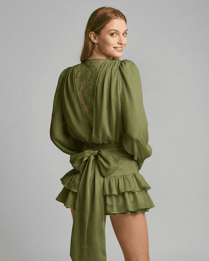 Siena Mini Dress by Lauven featuring a lace detail, V-neck, and long sleeve tiered silhouette in green.