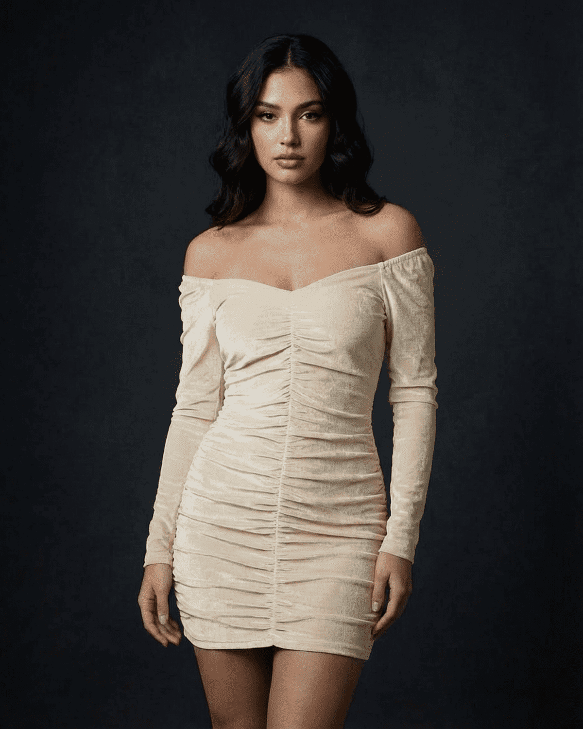 Siena Mini Dress by Lauven in ruched velvet with off-the-shoulder neckline and long sleeves.