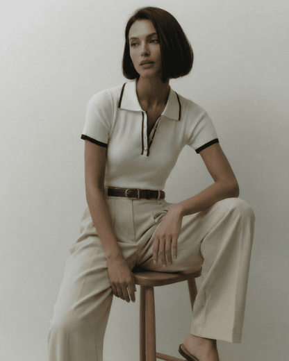 Siena Polo Shirt by Lauven, showcased by a model in a polished, refined style with modern contrast details.