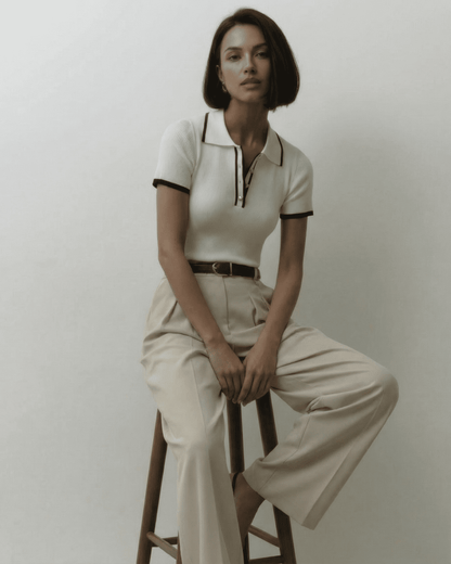 Siena Polo Shirt by Lauven, refined slim fit, modern contrast detail, women's stylish polo in breathable fabric.