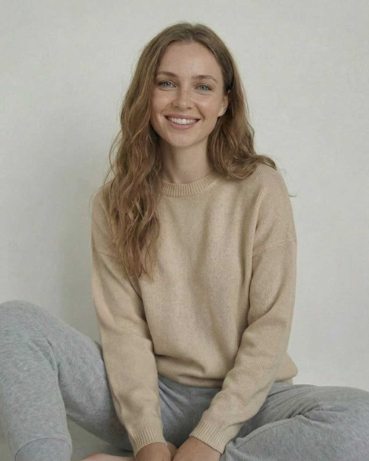 Siena Pullover by Lauven on a model, showcasing soft wool knit and relaxed elegance.
