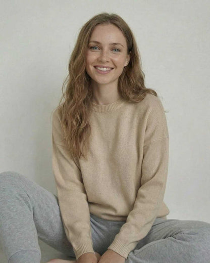 Siena Pullover by Lauven on a model, showcasing soft wool knit and relaxed elegance.