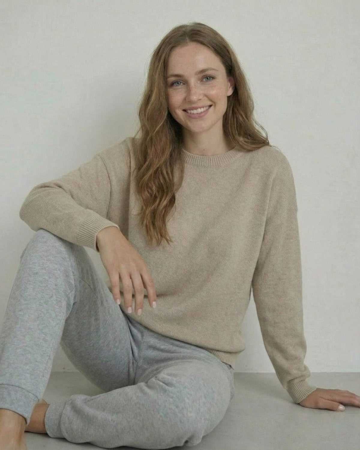 Siena Pullover by Lauven worn by a woman, showcasing soft wool knit and relaxed elegance.