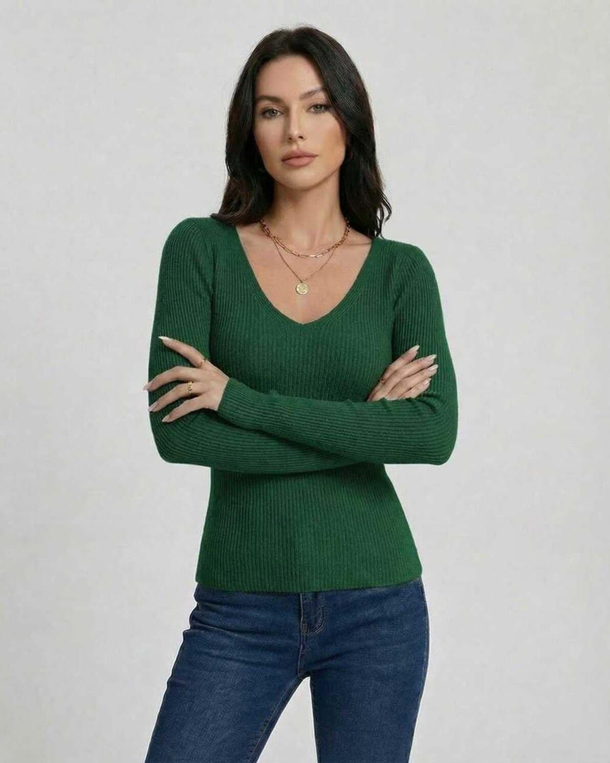 Siena Pullover by Lauven – Women’s slim fit green V-neck pullover sweater in ribbed knit.