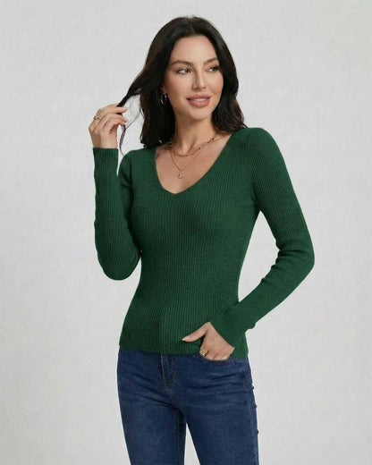 Siena Pullover by Lauven - Women’s V-Neck Slim Fit Long Sleeve Sweater in green ribbed knit