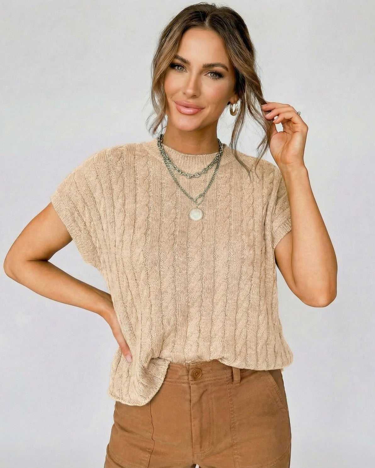 Siena Sweater by Lauven — Cable knit short sleeve with modern structure, perfect for everyday elegance.