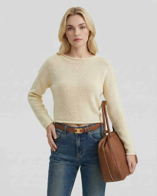 Siena Sweater by Lauven – Women's cream lightweight knit sweater with classic round neck.