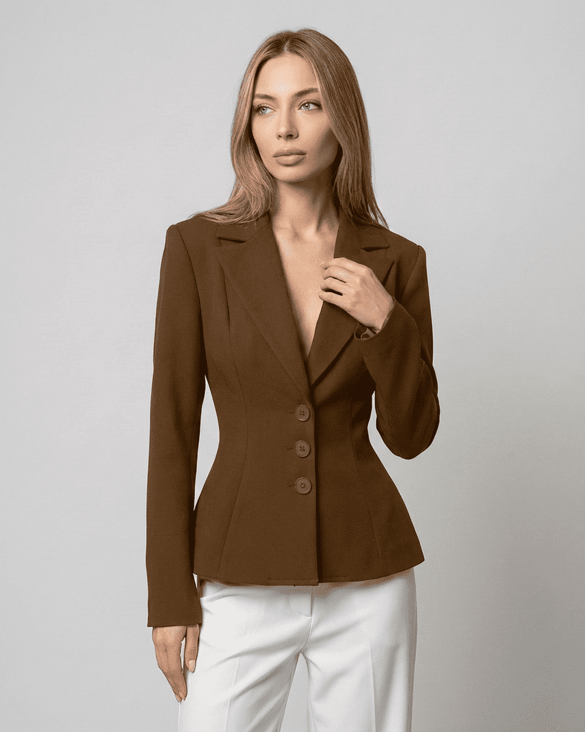 Sienna Blazer by Lauven, fitted waist V-neck tailored silhouette in brown, ideal for modern workwear.