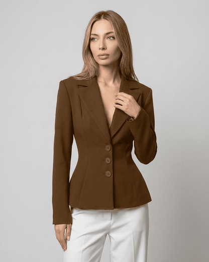 Sienna Blazer by Lauven, fitted waist V-neck tailored silhouette in brown, ideal for modern workwear.