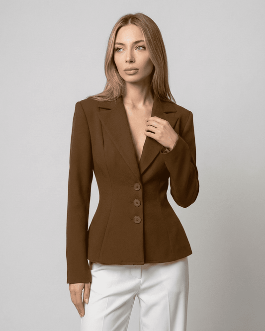 Sienna Blazer by Lauven, fitted waist V-neck tailored silhouette in brown, ideal for modern workwear.