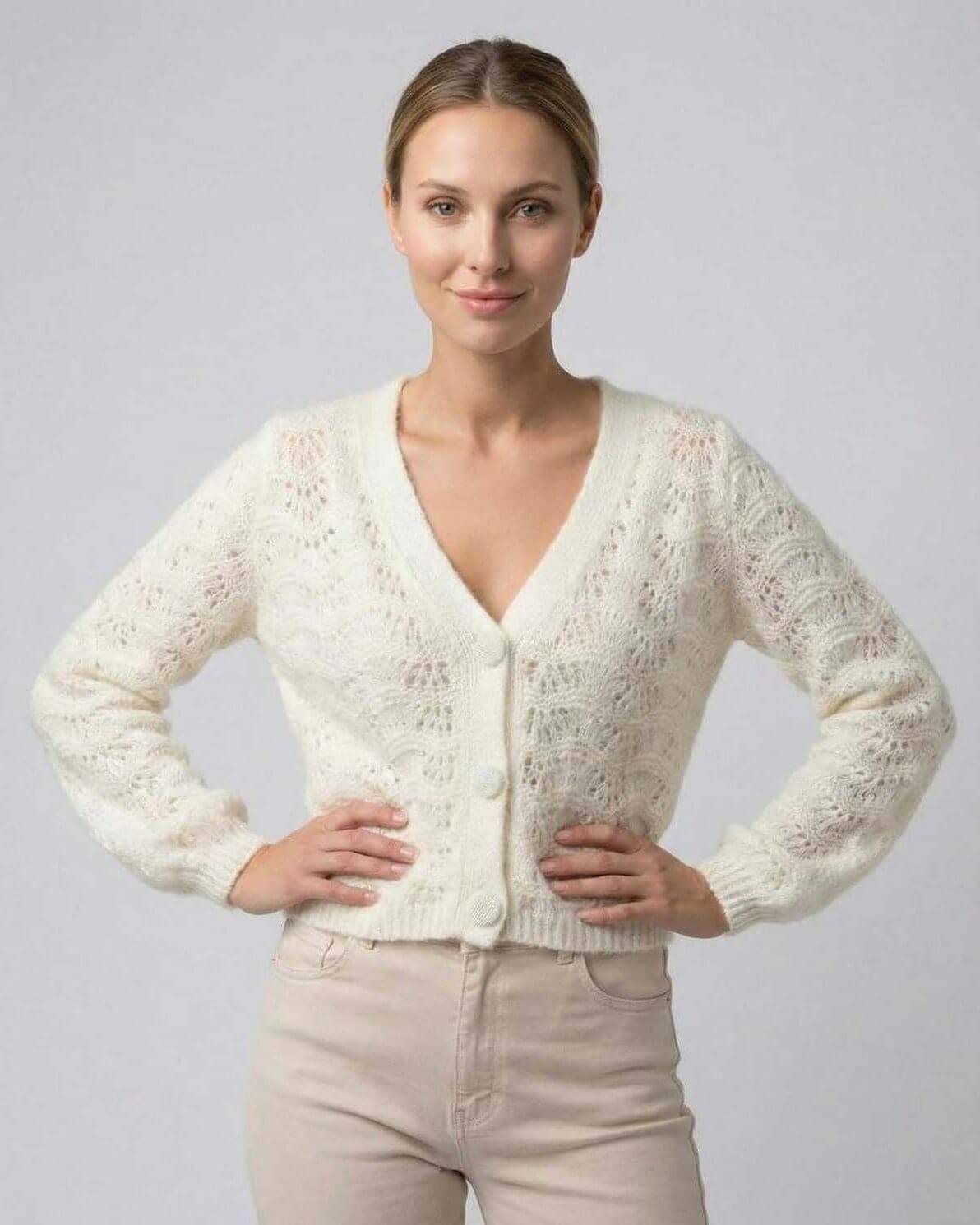 Sienna Cardigan by Lauven – Women’s V-Neck Cardigan Sweater with Hollow Out Knit & Long Sleeve Elegance