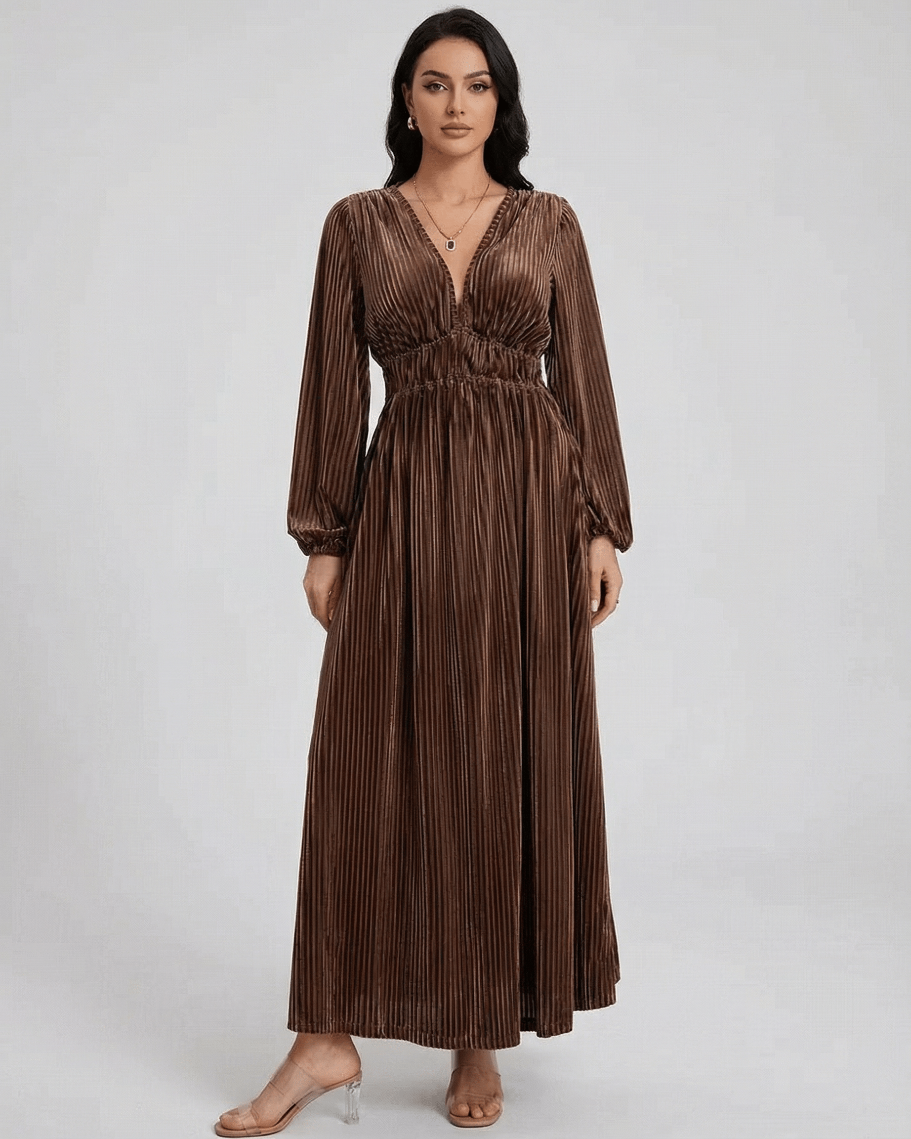 Sienna Maxi Dress by Lauven - Pleated Velvet Long Sleeve Dress with V-Neck and ankle-length hem.