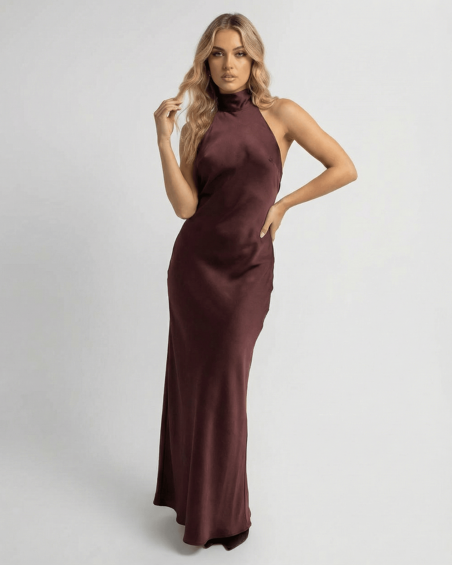 Sienna Maxi Dress by Lauven featuring a burgundy satin halter design with a sleek sheath silhouette.