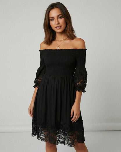 Sienna Midi Dress by Lauven - Women's black off shoulder dress with lace detailing and A-Line silhouette.