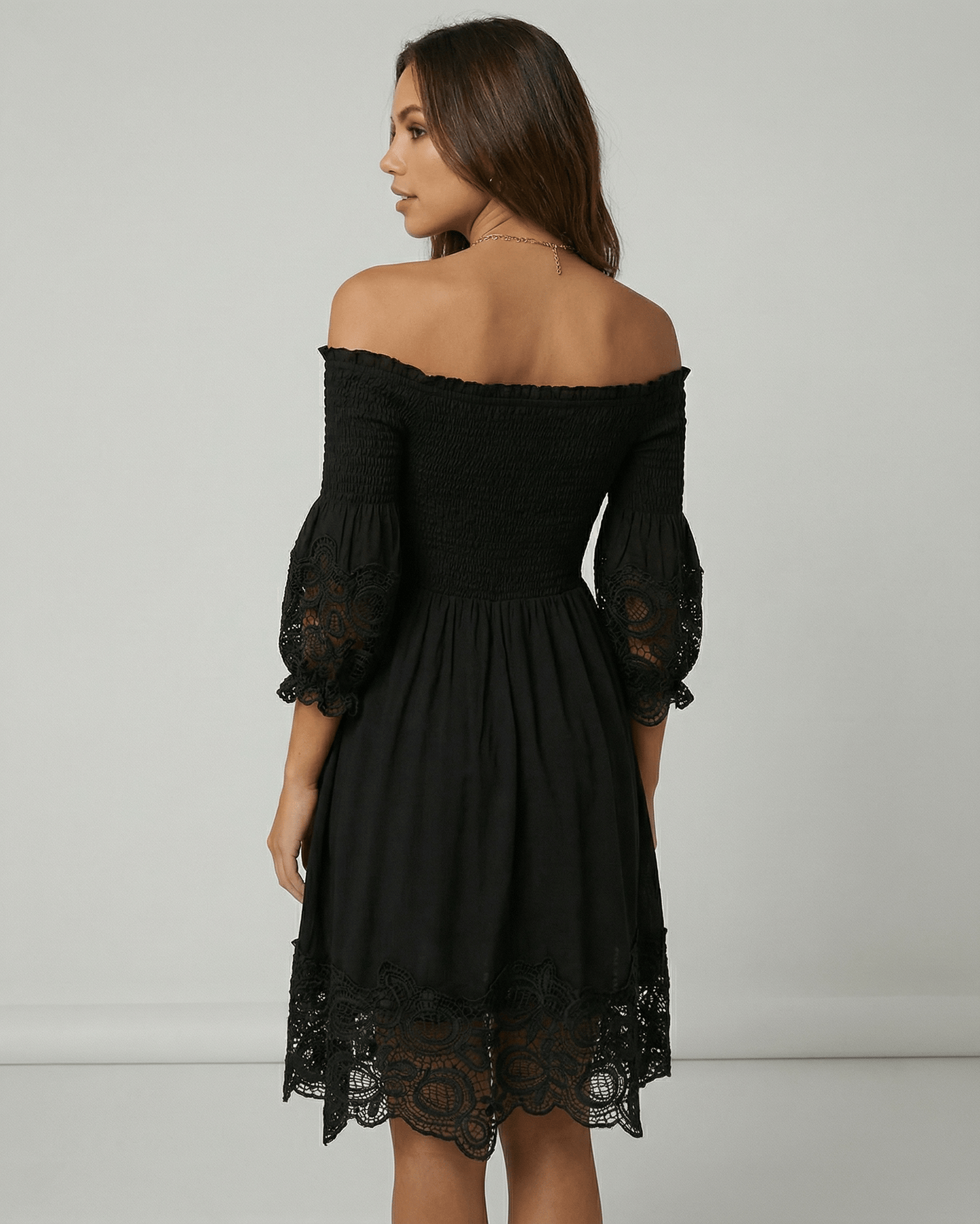 Sienna Midi Dress by Lauven, elegant off-shoulder black dress featuring lace details and a flattering A-Line silhouette.