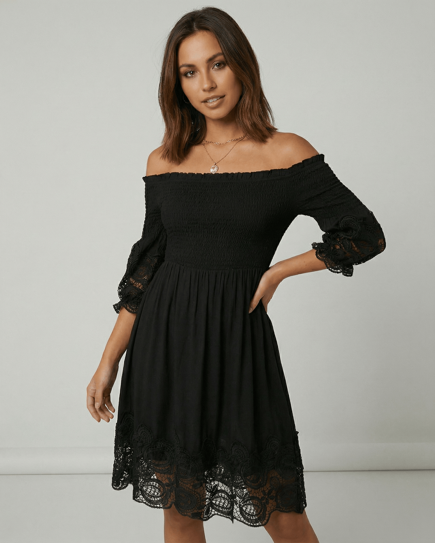 Sienna Midi Dress by Lauven – Women's Black Midi Dress with Lace, Off Shoulder A-Line Silhouette