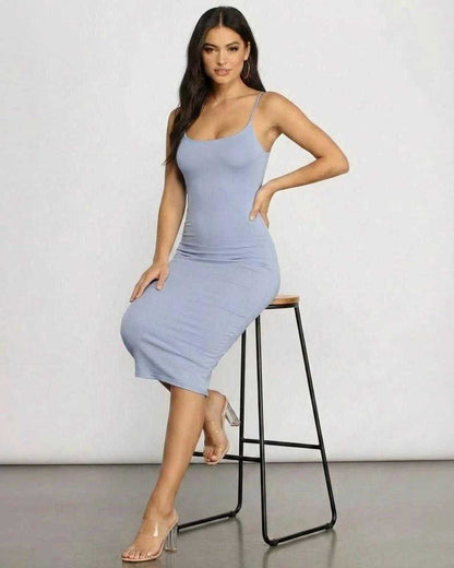 Sienna Midi Dress by Lauven featuring a sleek knit silhouette in light blue, perfect for elegant occasions.