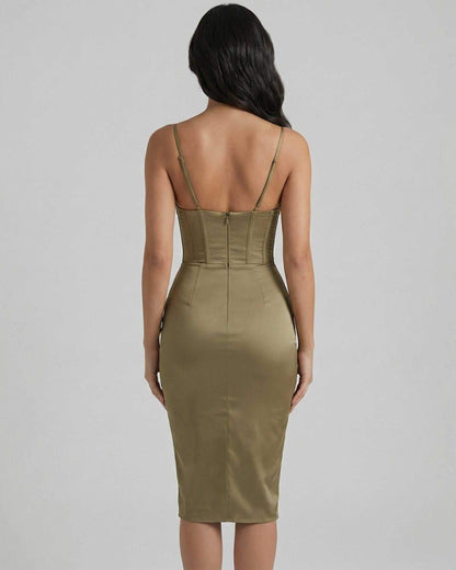Sienna Midi Dress by Lauven - Back view of olive satin corset midi dress showing structured bodice and smooth silhouette.