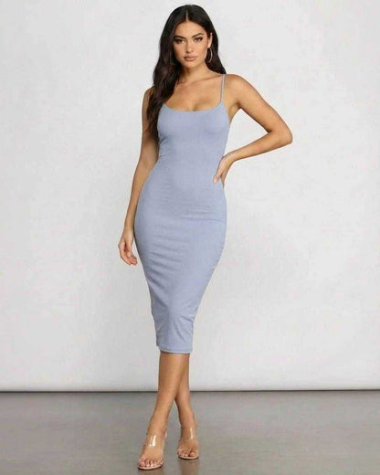 Sienna Midi Dress by Lauven in blue, showcasing a sleek knit design and a curve-enhancing silhouette.