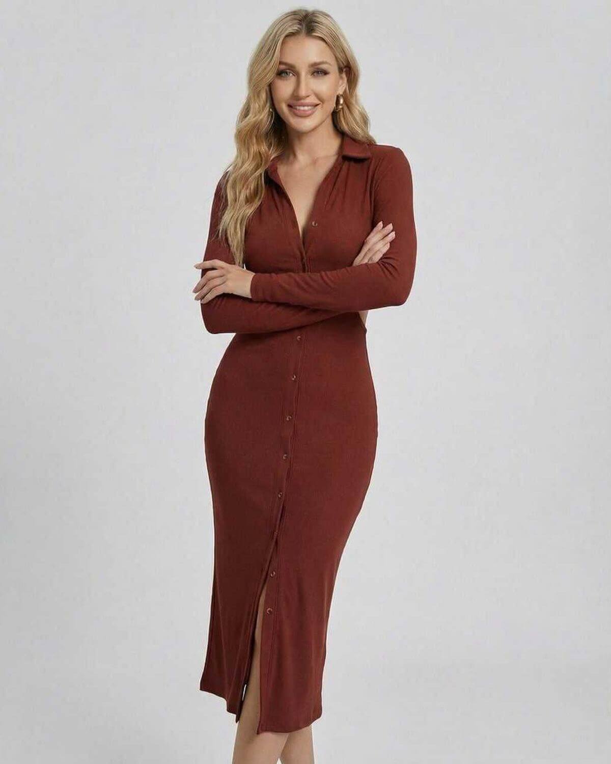 Sienna Midi Dress by Lauven, featuring a sleek V-neckline and full sleeves in a rich rust color.