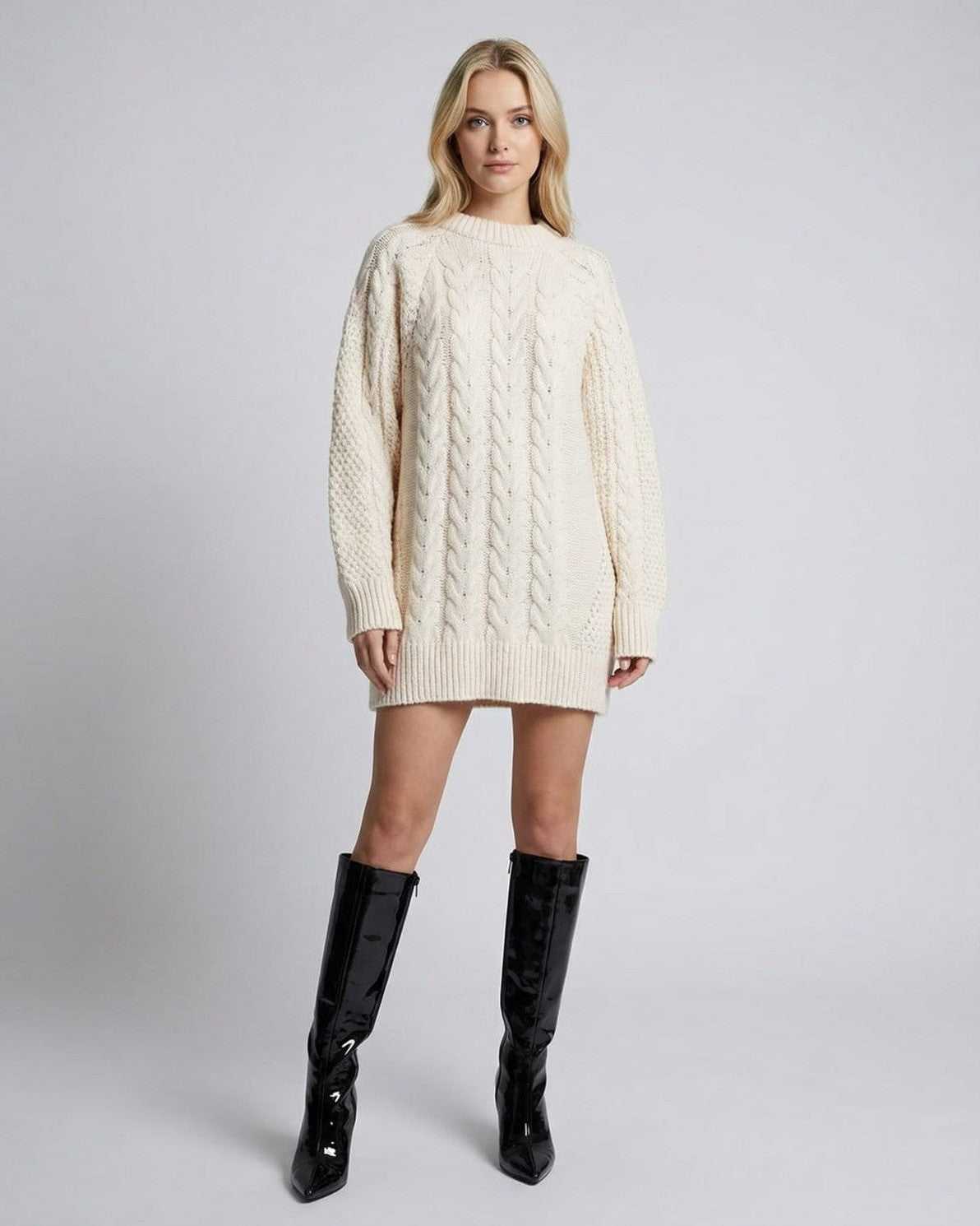 Sienna Mini Dress by Lauven, featuring a cable knit long sleeve design in a soft cream color.