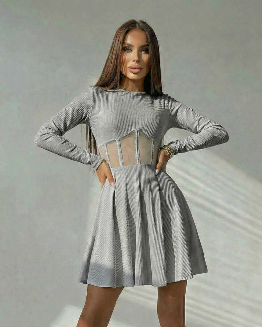 Sienna Mini Dress by Lauven - Gray A-Line Mini Dress with Sheer Corset Panel and Long Sleeves
