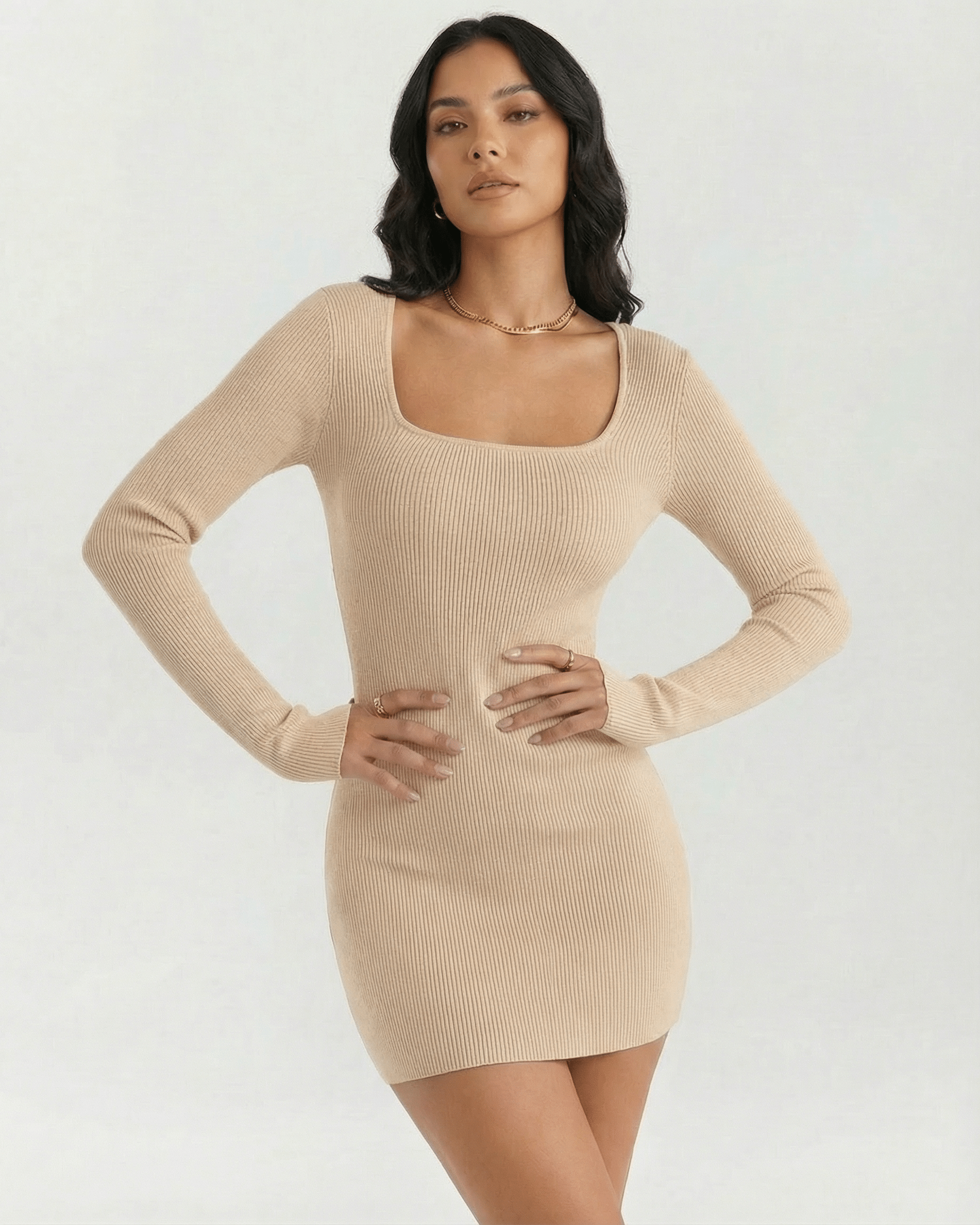 Sienna Mini Dress by Lauven, a ribbed long sleeve beige mini dress with a square neckline and slim fit.