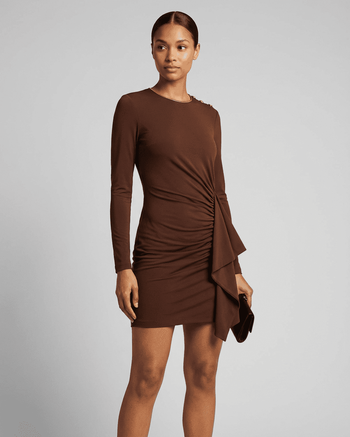 Lauven Sienna Mini Dress - Sexy ruched bandage fitted bodycon round neck mini dress in brown.