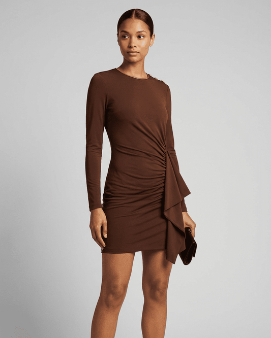 Lauven Sienna Mini Dress - Sexy ruched bandage fitted bodycon round neck mini dress in brown.