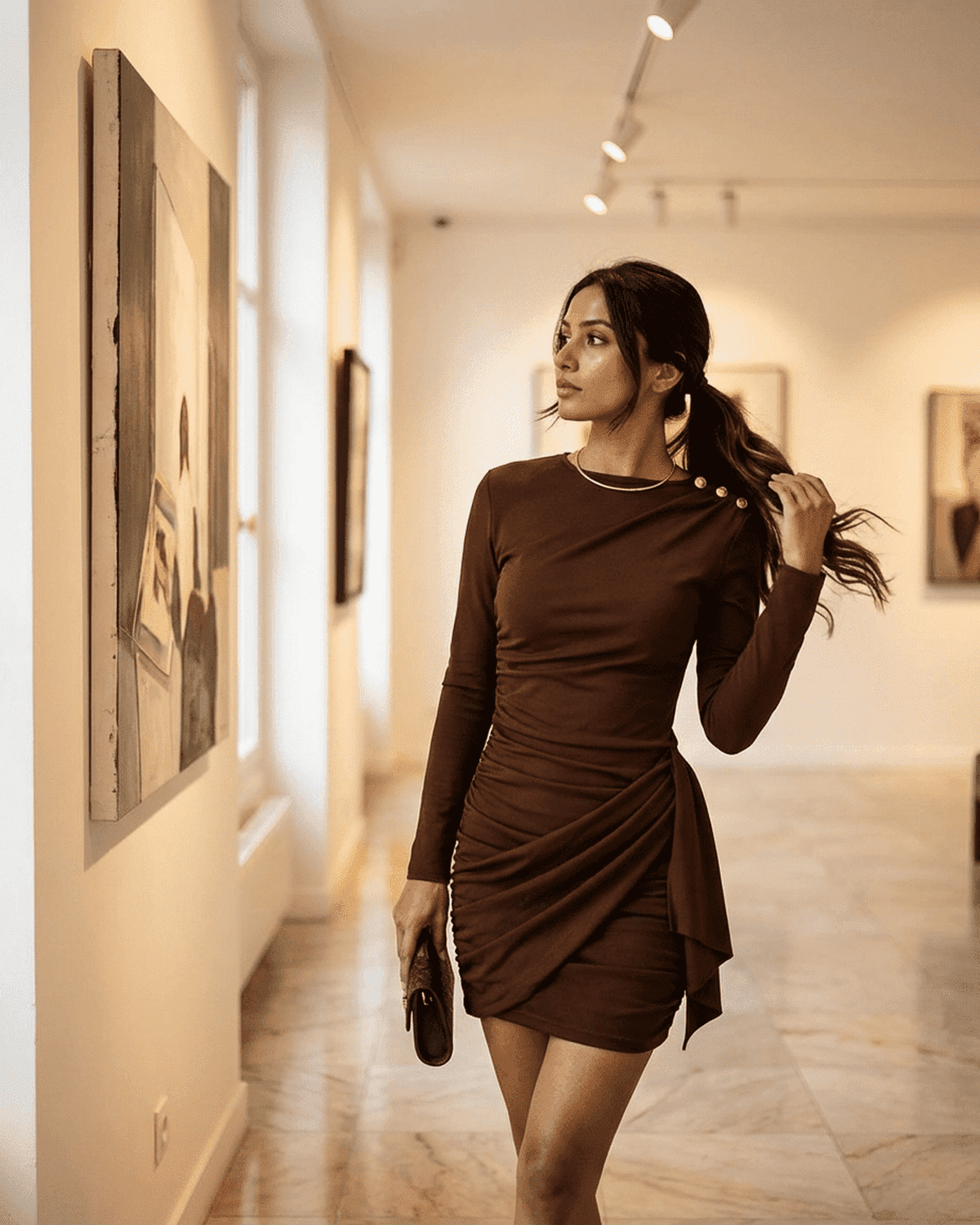 Woman wearing Sienna Mini Dress by Lauven, showcasing ruched detailing in a stylish gallery setting.