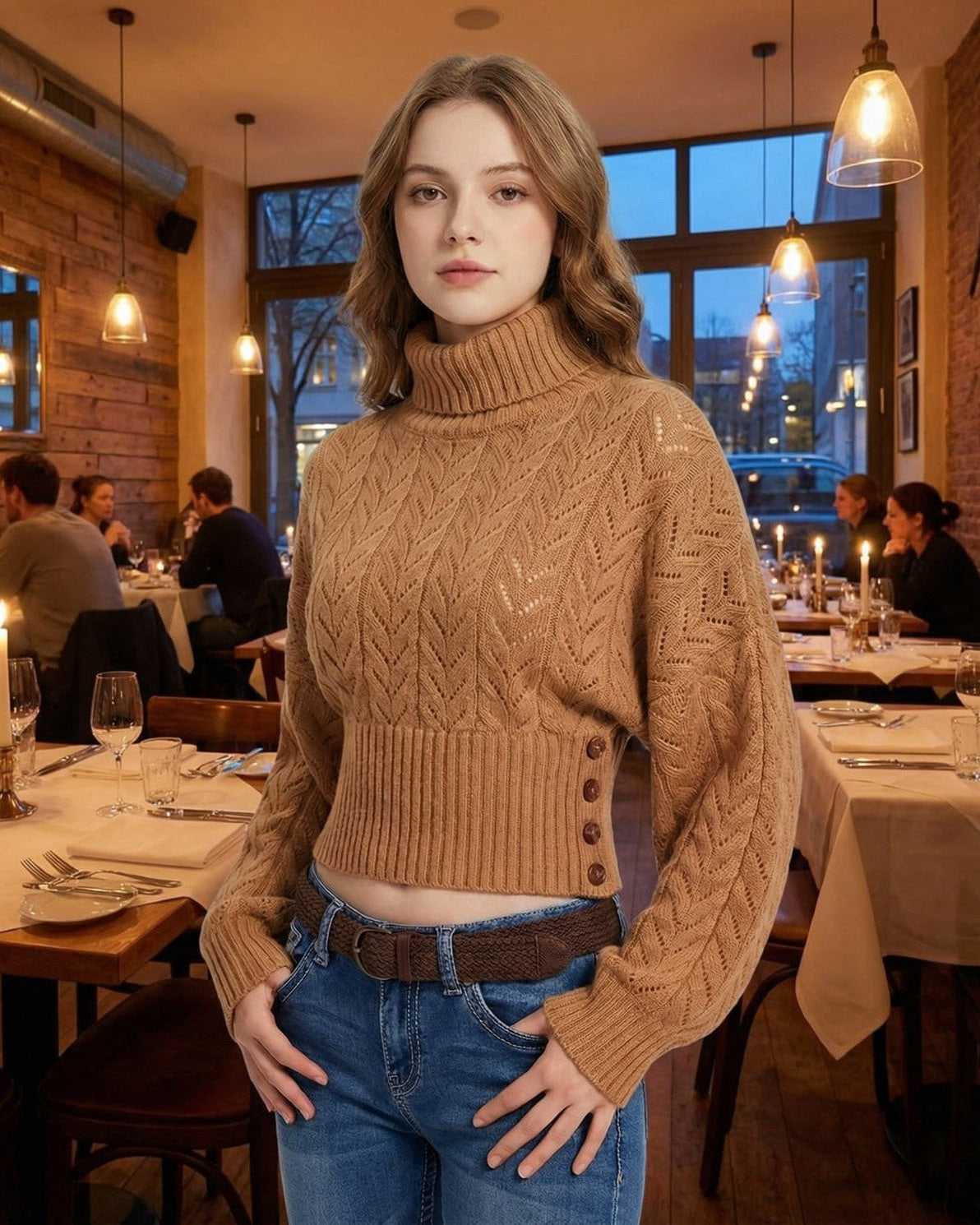 Sienna Sweater by Lauven, a slim fit turtleneck knit sweater in a cozy setting.
