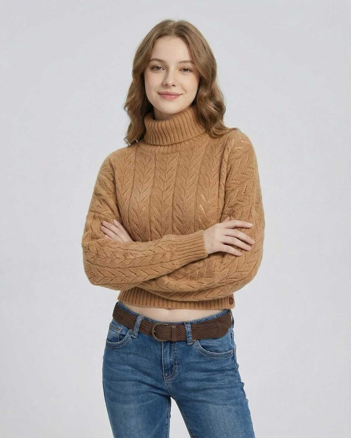 Model wearing a Sienna Sweater by Lauven, showcasing a stylish slim fit turtleneck knit design in a warm tone.