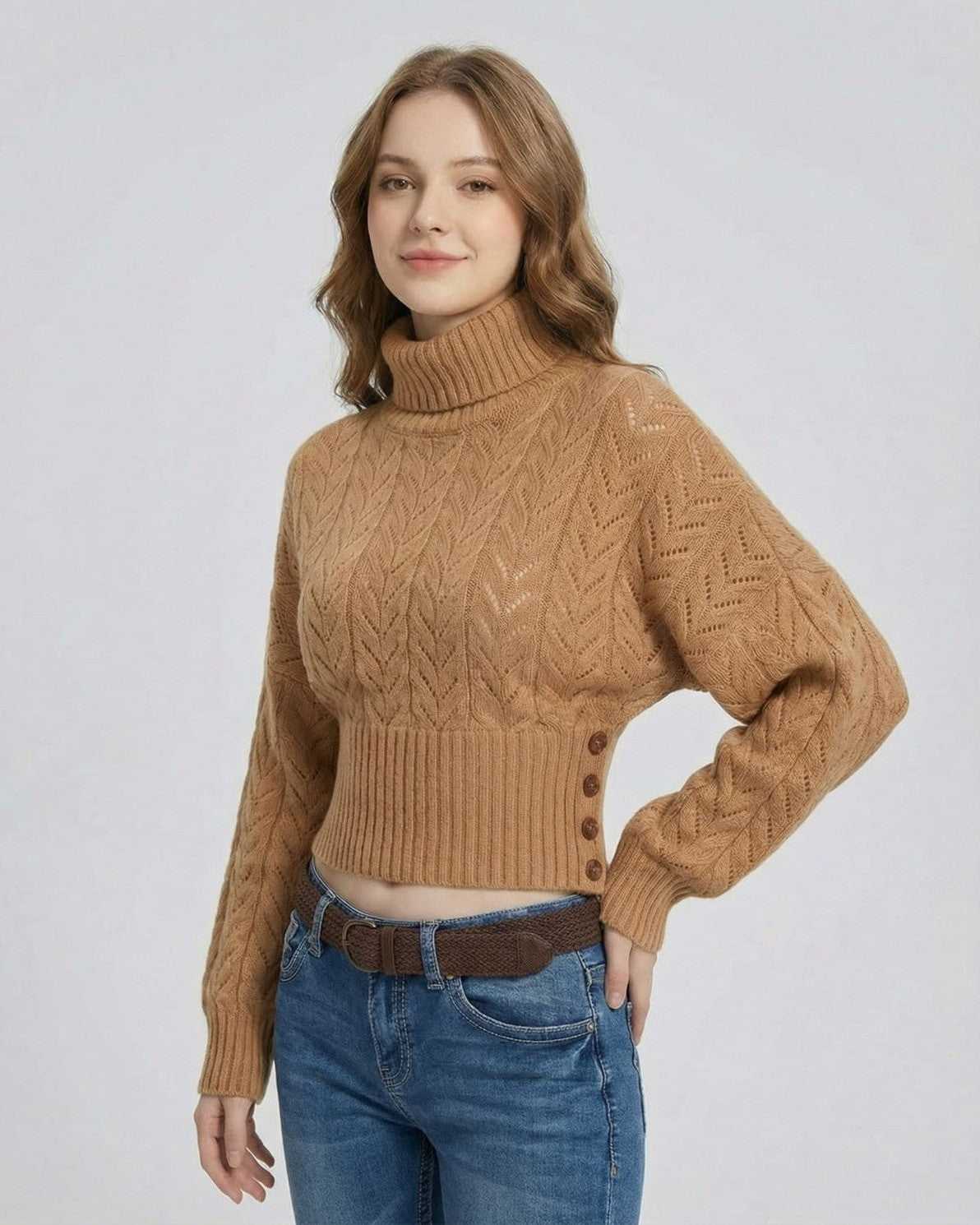 Sienna Sweater by Lauven, a slim fit turtleneck knit sweater in caramel with textured patterns and a stylish silhouette.
