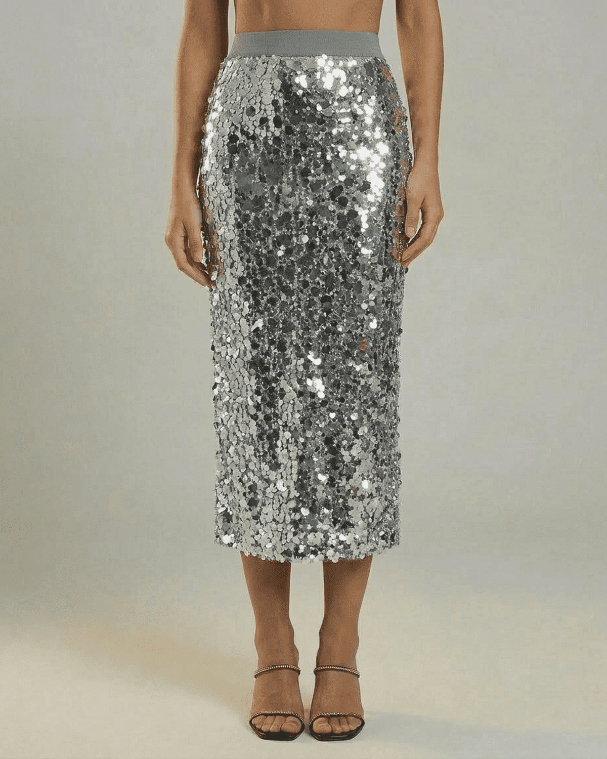 Silvara Midi Skirt by Lauven, a sequin high waist bodycon midi skirt in a sophisticated grey tone.