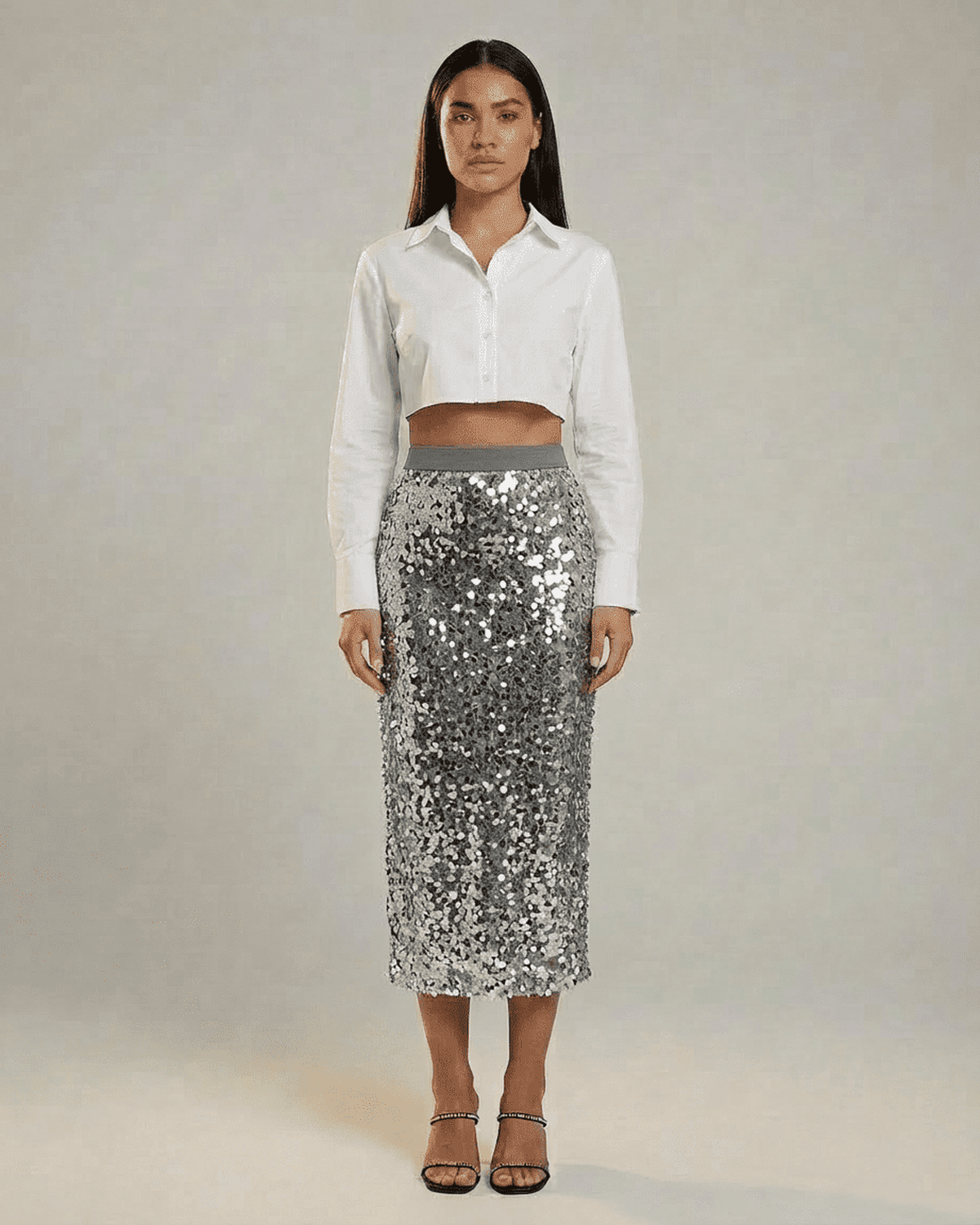 Silvara Midi Skirt by Lauven - Sequin high waist bodycon midi skirt in sophisticated grey.