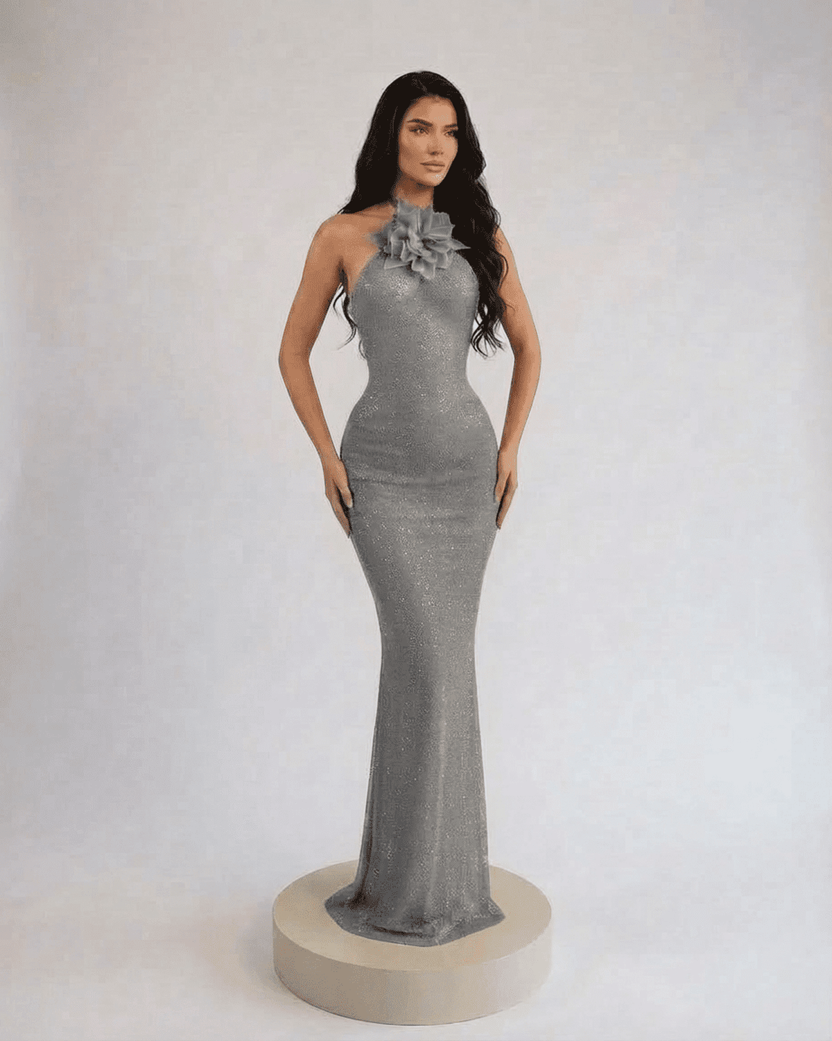 Silver Maxi Dress by Lauven featuring halter neck, floral accent, and floor-length shimmer design.