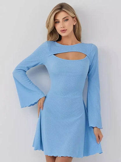 Skyline Cutout mini dress by Lauven in sky blue with chest cutout and flared sleeves, perfect for stylish outings.