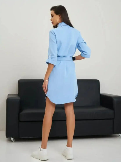Stylish back view of the Skyline Mini Dress by Lauven, showcasing its chic design and soft sky-blue fabric.