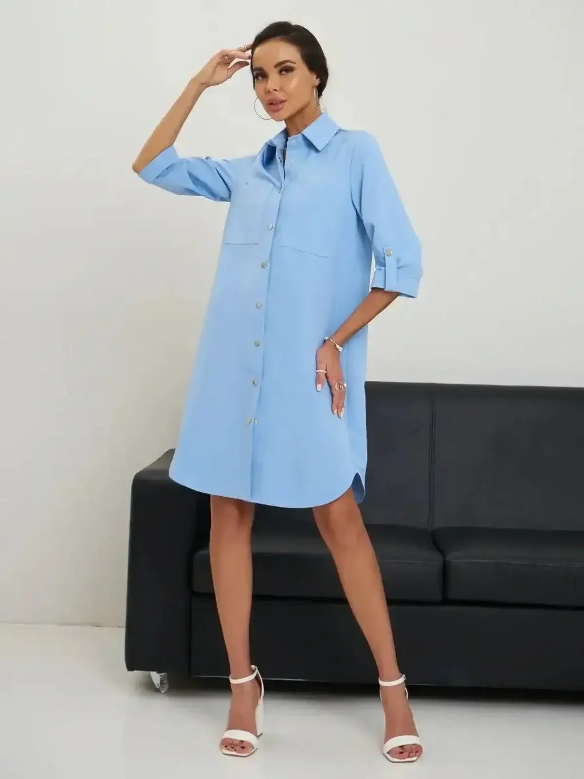 Skyline Mini Dress by Lauven in sky blue, featuring a shirt-inspired design and adjustable belt, perfect for summer.