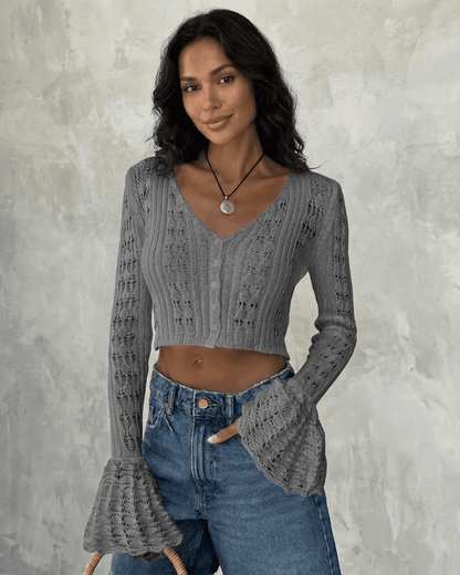 Slate Cardigan by Lauven, a cropped cotton knit cardigan with flare sleeves and V-neckline.